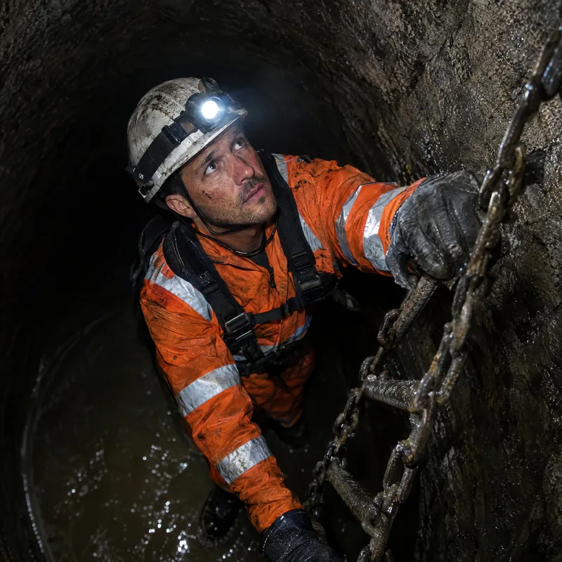 Trabalhador com lanterna no capacete descendo escada dentro de um espaço confinado