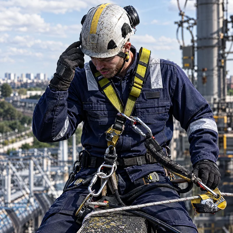 Técnico com cinto de segurança e capacete trabalhando em altura