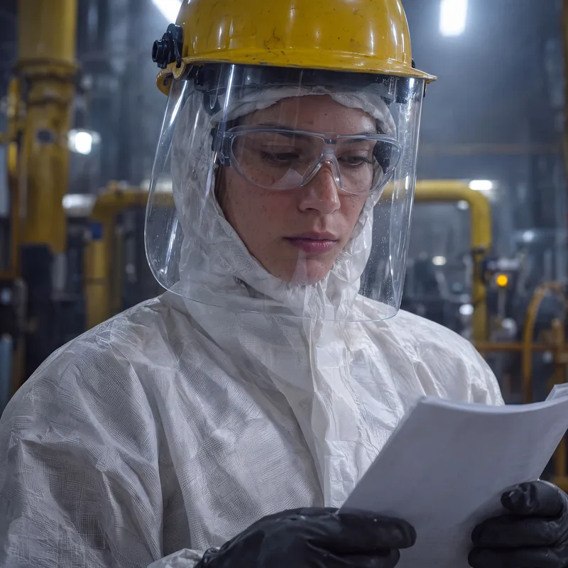 Técnica com macacão de proteção e viseira conferindo um documento